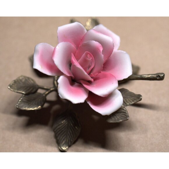 Vintage Capodimonte Porcelain Pink Rose Flower Sculpture Italy - Picture 5 of 11